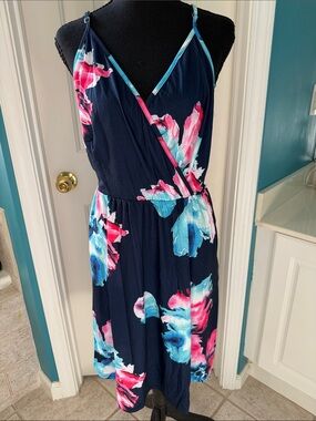 Navy Blue Sundress with Pink and Blue Flowers: Plus Size XXL